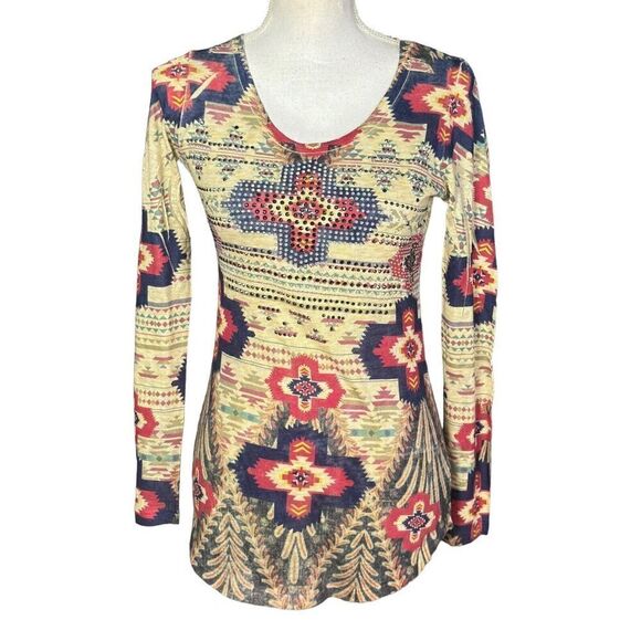 Vocal Top Size Small Red Blue Aztec Rodeo Western Studded Embellished Santa Fe - Picture 1 of 9